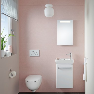 Small guest bathroom with Renova Compact handrinse basin and wall-hung WC Small guest bathroom with Renova Compact handrinse basin and wall-hung WC