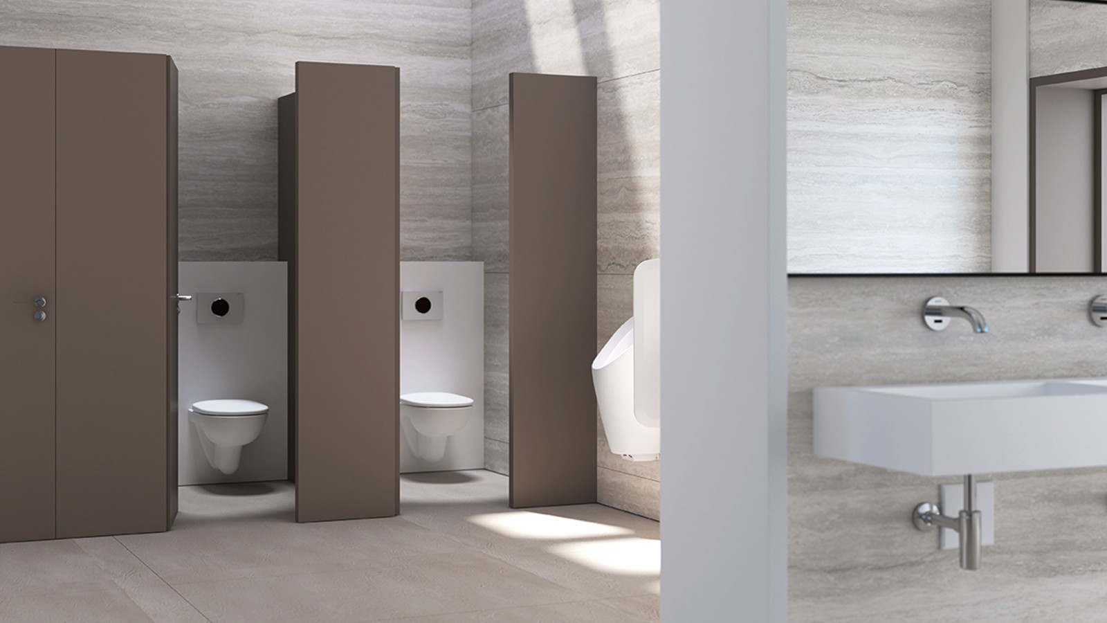 Public WC with Geberit flushing cisterns, flush plates and urinals