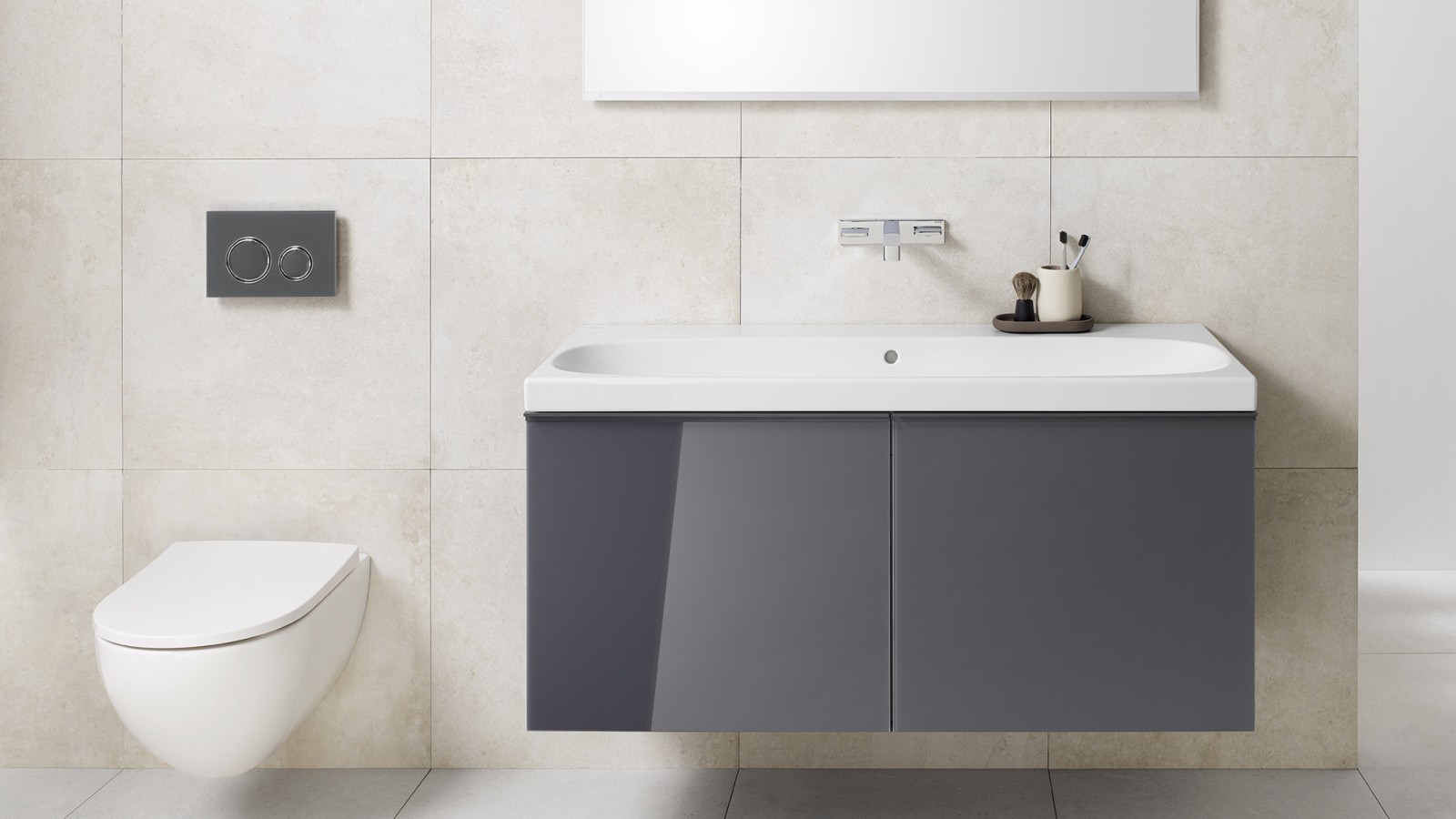 Bathroom with furniture made of wood from the Geberit Acanto series Bathroom with furniture made of wood from the Geberit Acanto series