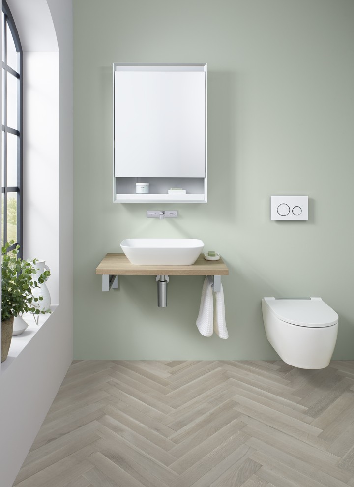 Bathroom with a large window, furnished with Geberit ONE Bathroom with a large window, furnished with Geberit ONE