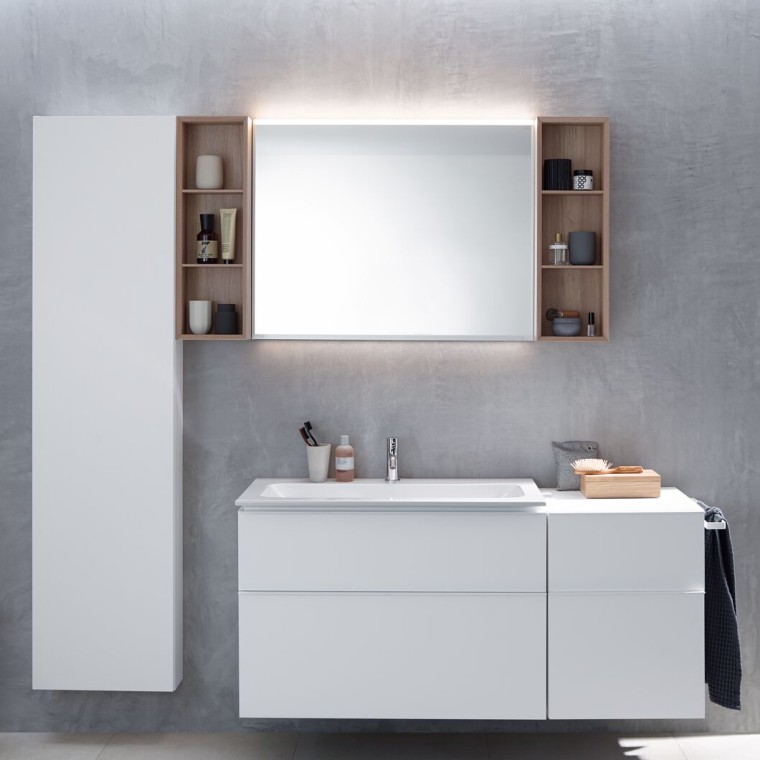 Geberit iCon vanity unit with side cabinet, tall cabinet and shelving units Geberit iCon vanity unit with side cabinet, tall cabinet and shelving units