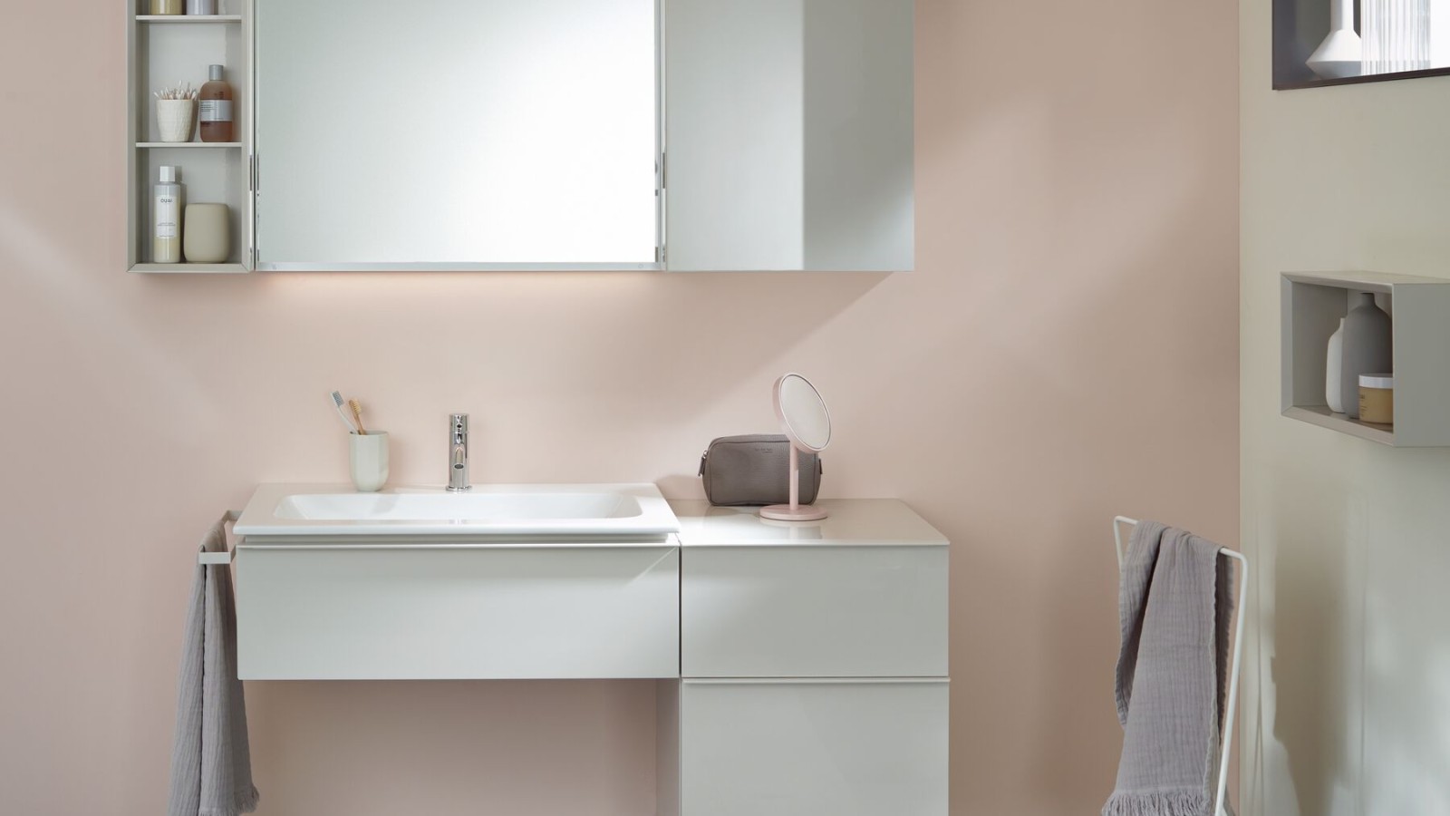 Geberit iCon bathroom vanity with side cabinet and open shelf unit Geberit iCon bathroom vanity with side cabinet and open shelf unit