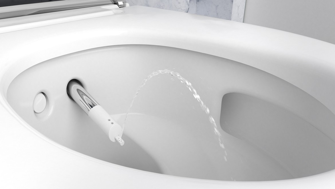 Close-up of the shower arm of a Geberit AquaClean Mera shower toilet Close-up of the shower arm of a Geberit AquaClean Mera shower toilet