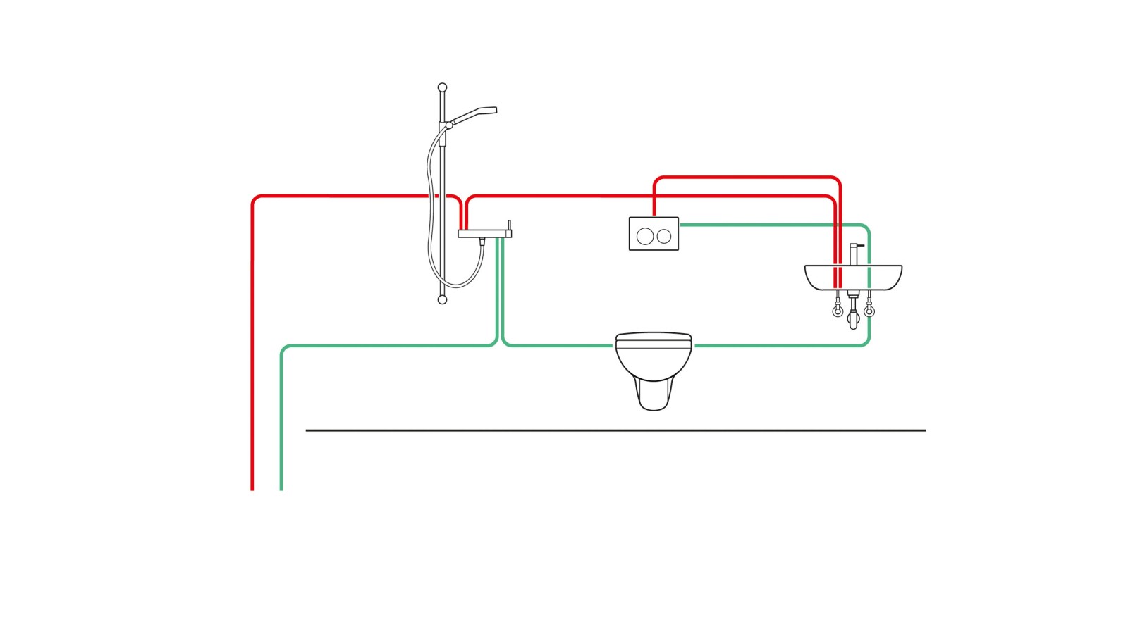 Example of piping of an interval-controlled concealed cistern with hygiene flush unit (© Geberit)