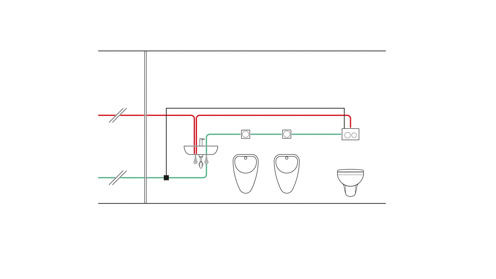 Example of piping of a temperature-controlled concealed cistern with hygiene flush unit and using a temperature sensor (© Geberit)