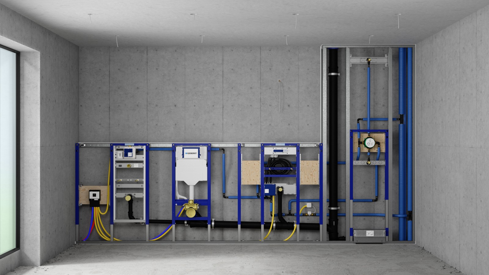 Mur instalimi me elemente Geberit Duofix për urinator, WC, lavaman dhe dush