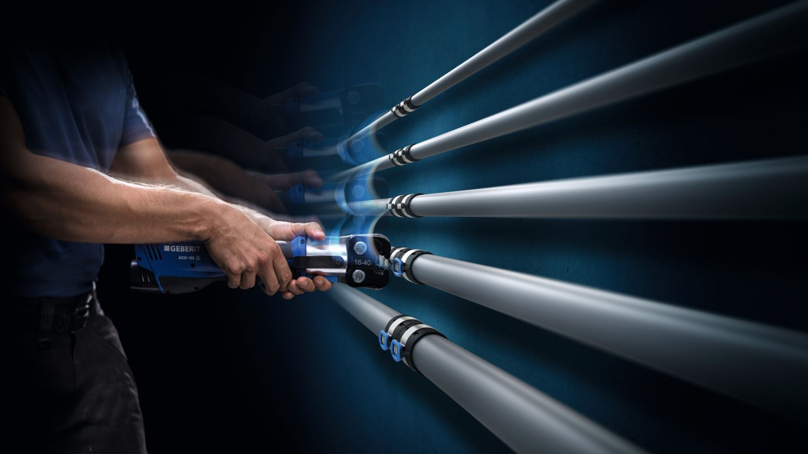 Pinca manuale presimi Geberit Flow për dimensionet d16 deri në d40 Pinca manuale presimi Geberit Flow për dimensionet d16 deri në d40