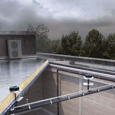 The Pluvia roof drainage system can drain all three towers with relatively few inlet elements (© Geberit) The Pluvia roof drainage system can drain all three towers with relatively few inlet elements (© Geberit)