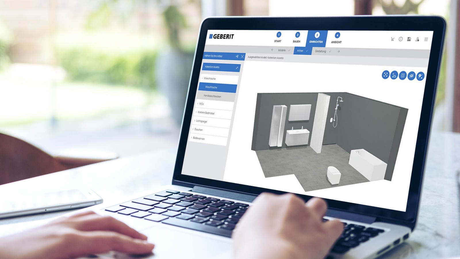 Woman designs her bathroom with the 3D bathroom planner from Geberit Woman designs her bathroom with the 3D bathroom planner from Geberit