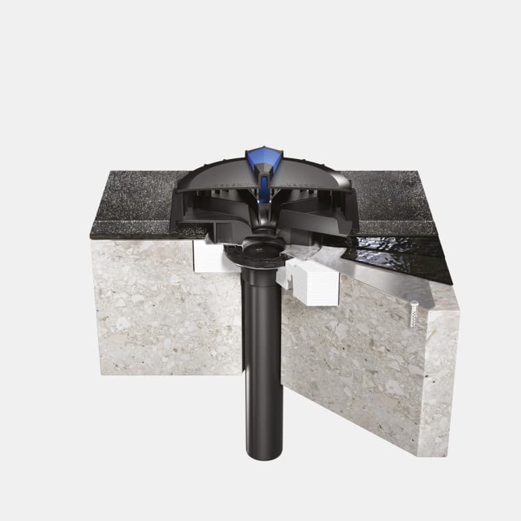 Instalimi i sistemit Geberit Pluvia në një çati betoni me membranë bituminoze Instalimi i sistemit Geberit Pluvia në një çati betoni me membranë bituminoze