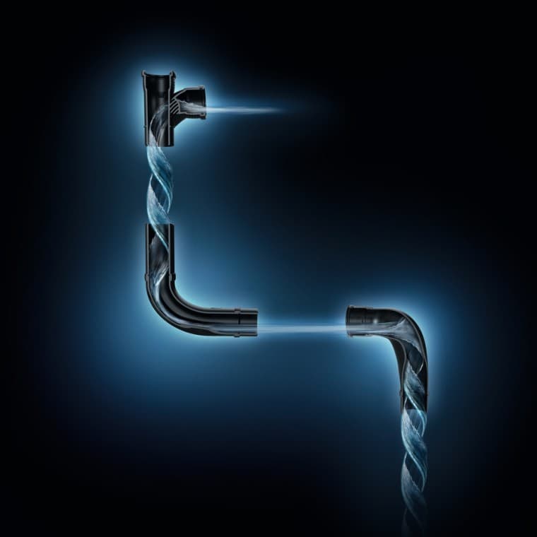 Rrjedhje uji e optimizuar hidraulikisht me pjesë lidhëse Geberit SuperTube. Rrjedhje uji e optimizuar hidraulikisht me pjesë lidhëse Geberit SuperTube.